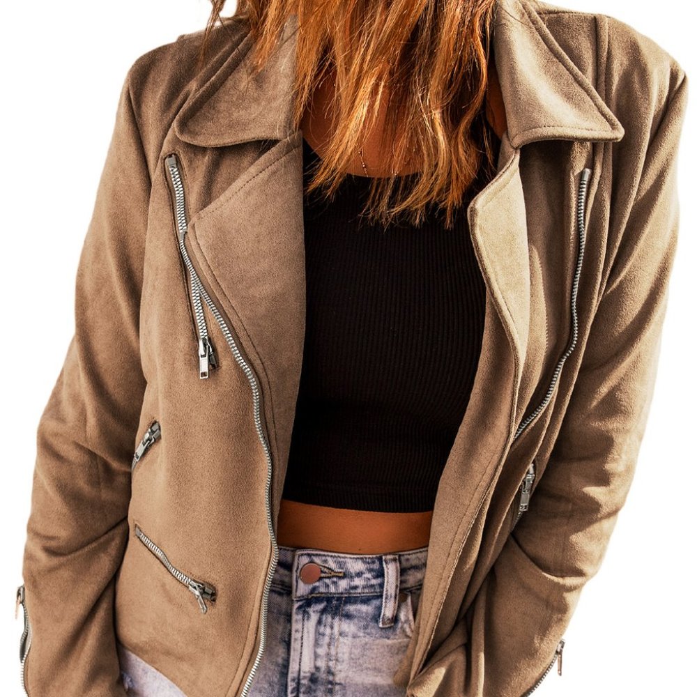 Khaki Zipper Notch Collar Crop Moto Jacket S